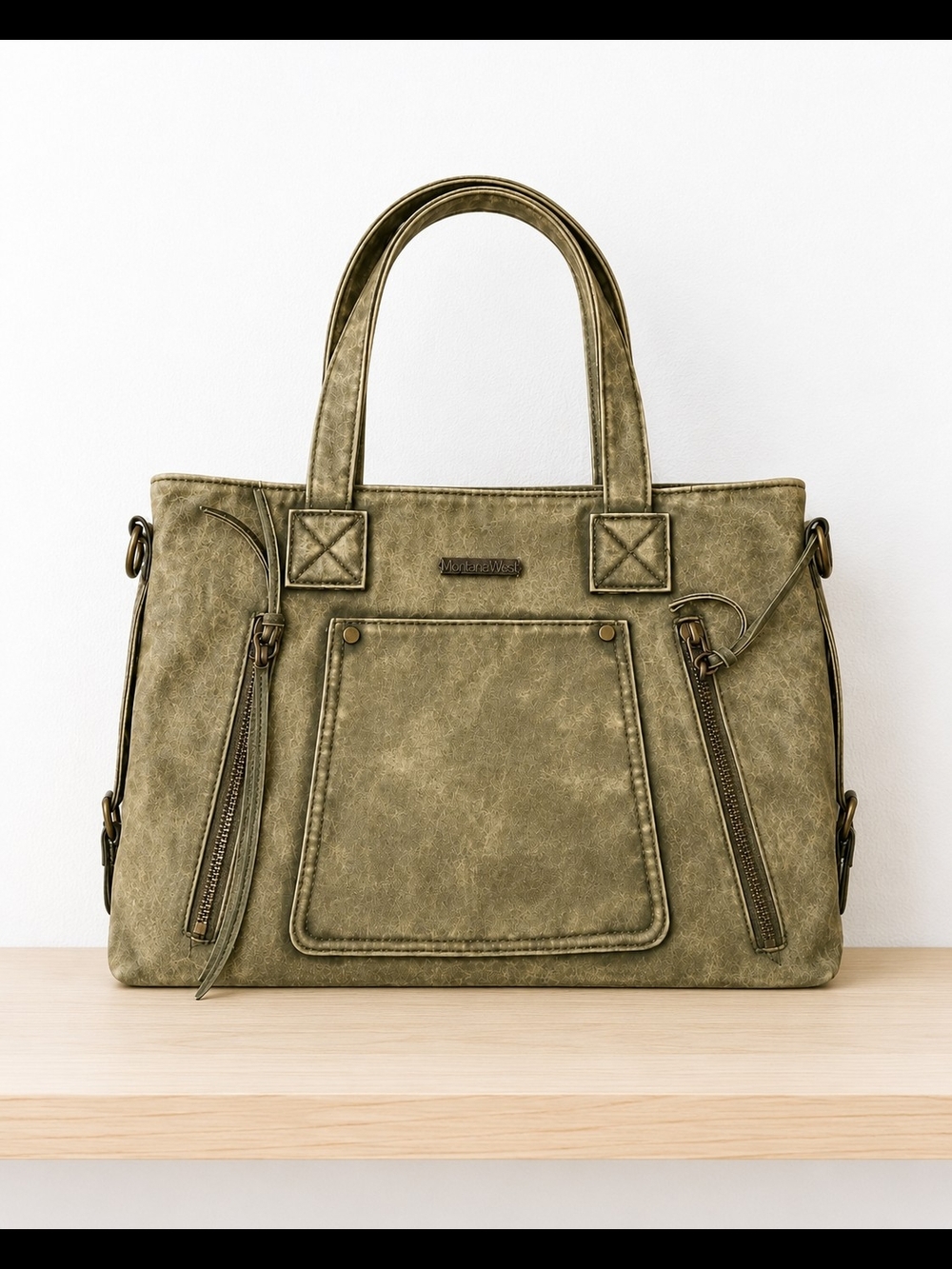Montana West Olive Tote with Dual Zipper Accents